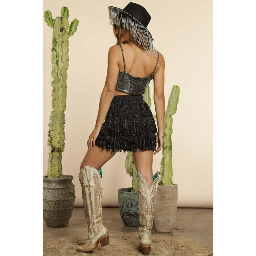 Blue Buttercup Black Faux Suede Jeweled Diamond Mini Skirt Fringe S-L IS84009 - Picture 4 of 5